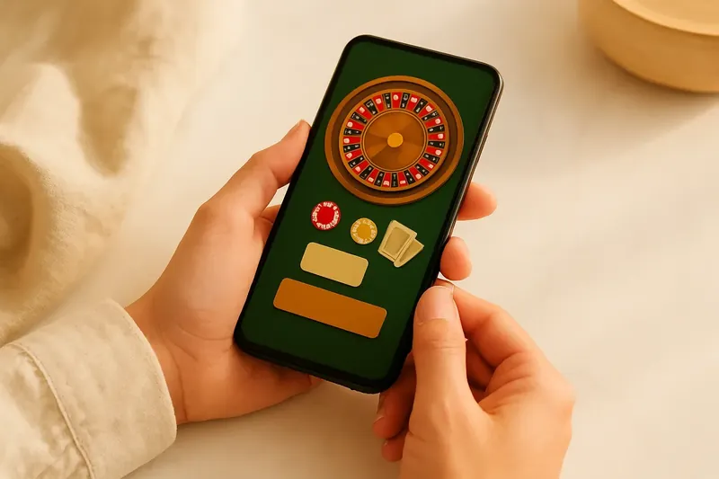 Hands holding smartphone with casino app on white marble surface