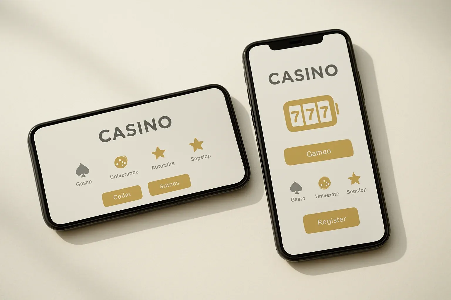 Two smartphones displaying a clean light casino app on white surface