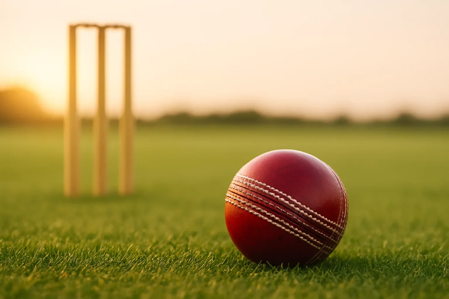 Red cricket ball on mown grass with stumps at dusk