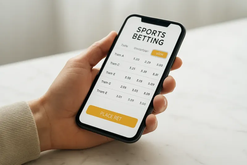 Hand holding smartphone showing sports betting odds on marble surface