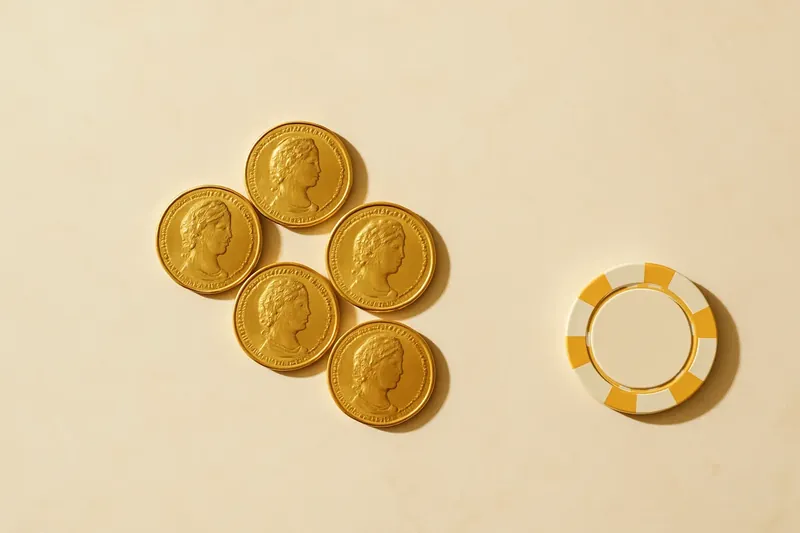 Five gold coins on cream marble with poker chip edge