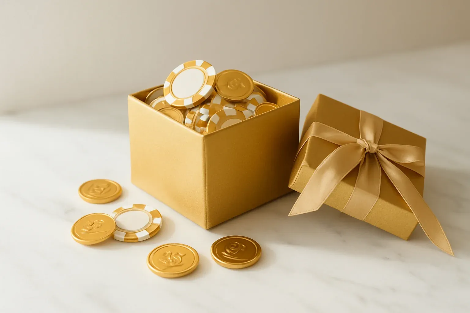 Golden gift box overflowing with poker chips and gold coins