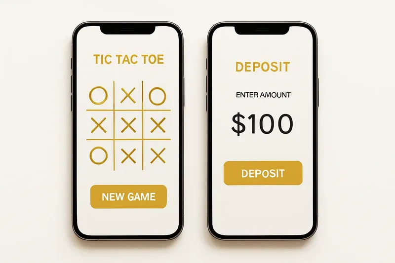 Two smartphones on cream background showing game grid and deposit screen