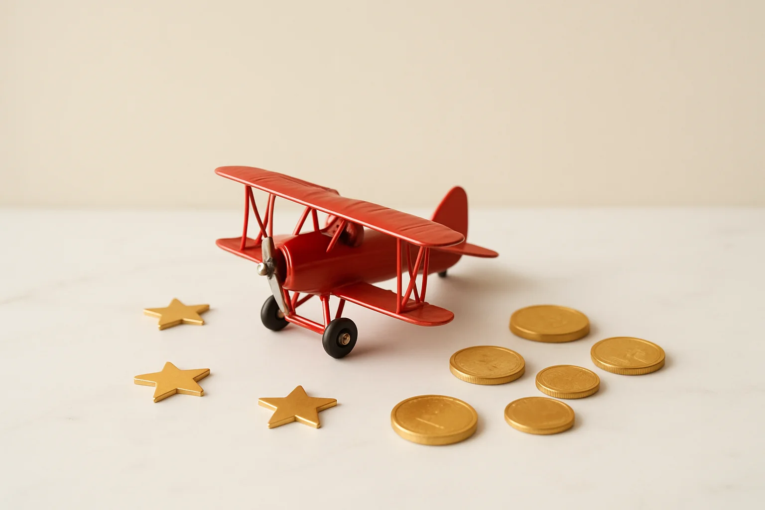 Miniature red airplane with gold coins and star tokens on white marble