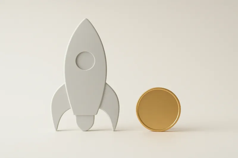 Minimalist rocket icon with gold coin on white background