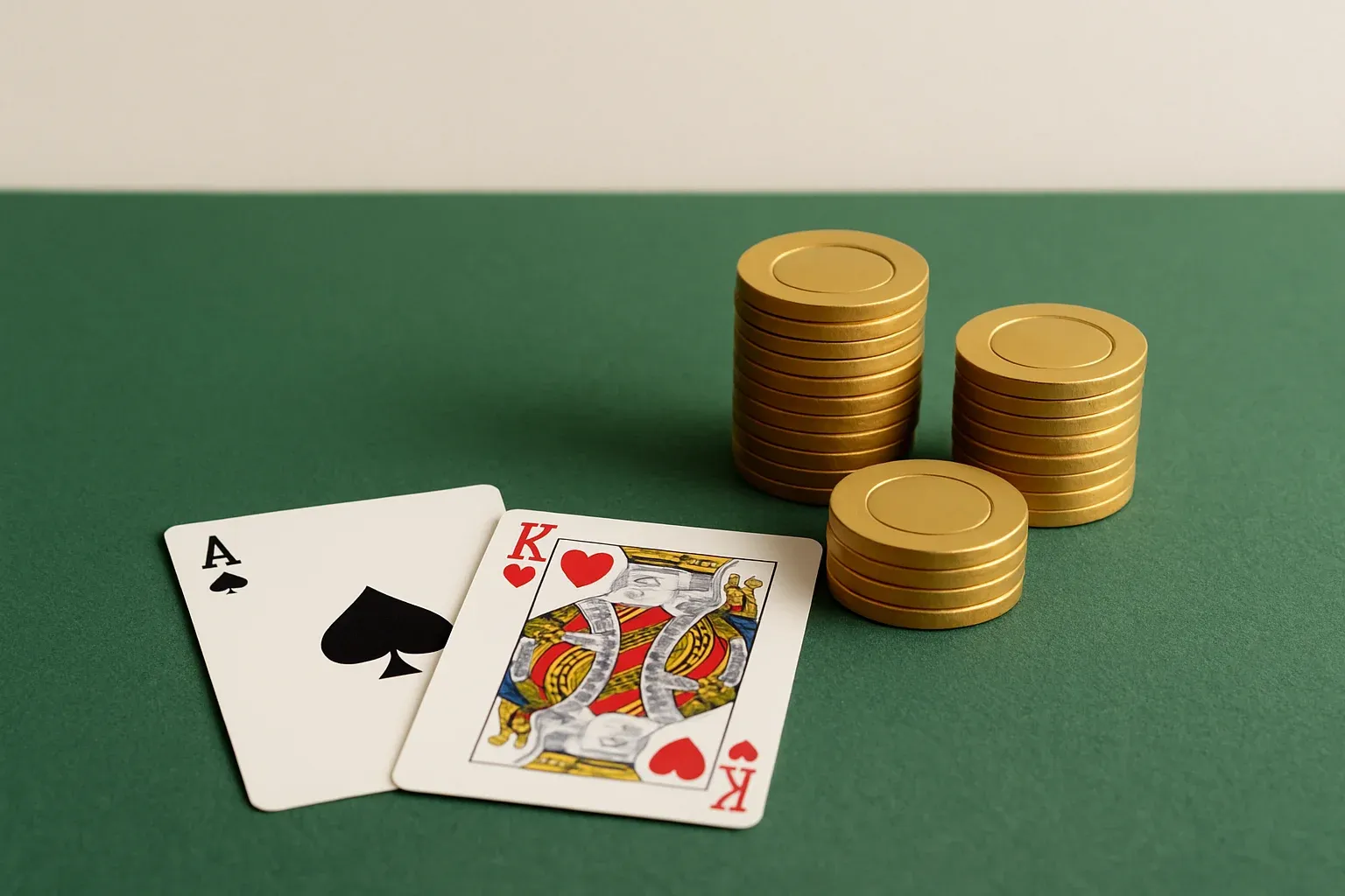 Clean casino table with green felt, cards, and gold chips