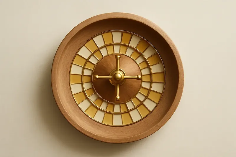 Close-up overhead of roulette wheel center with gold accents