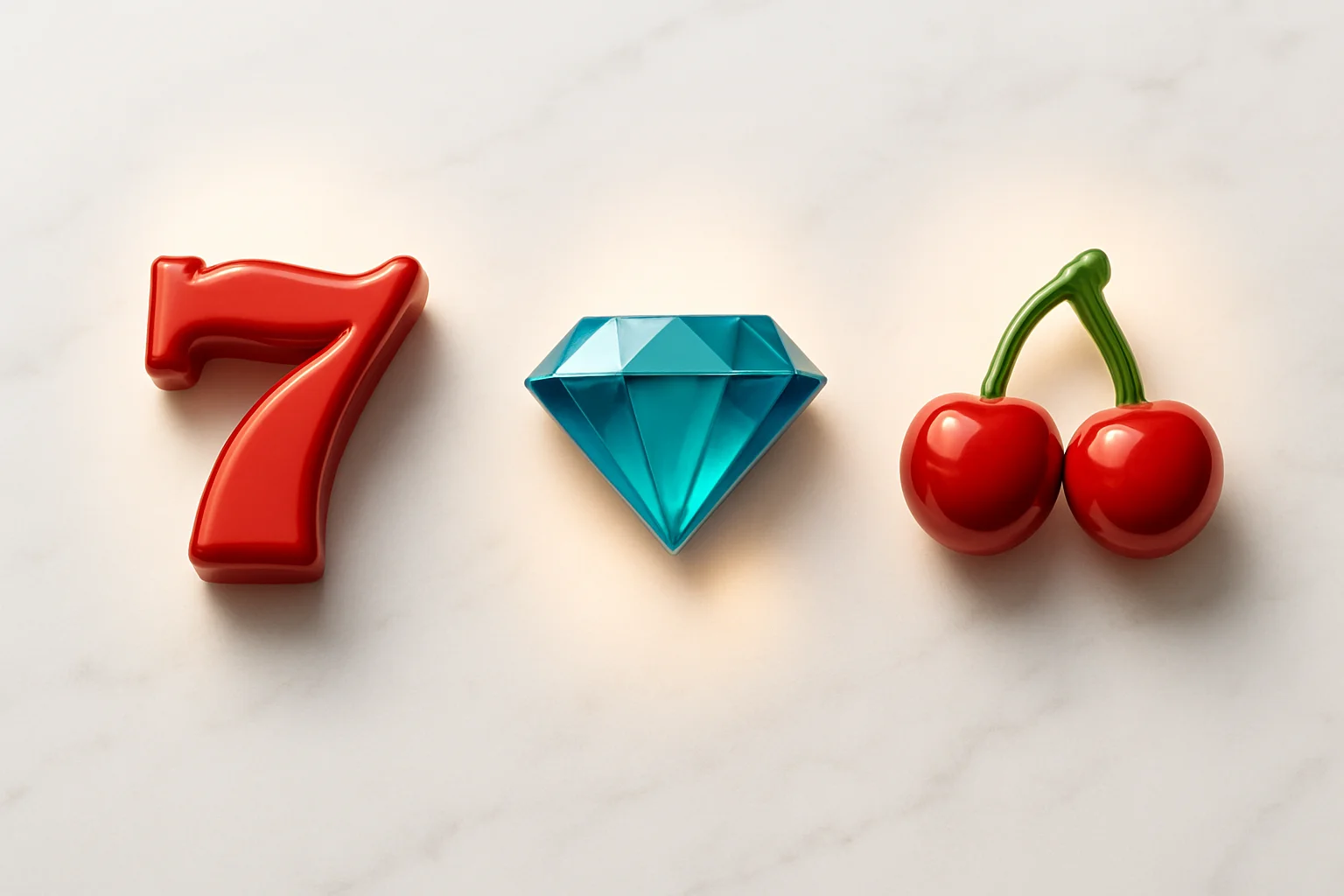 Three polished slot symbols on white marble with warm spotlights